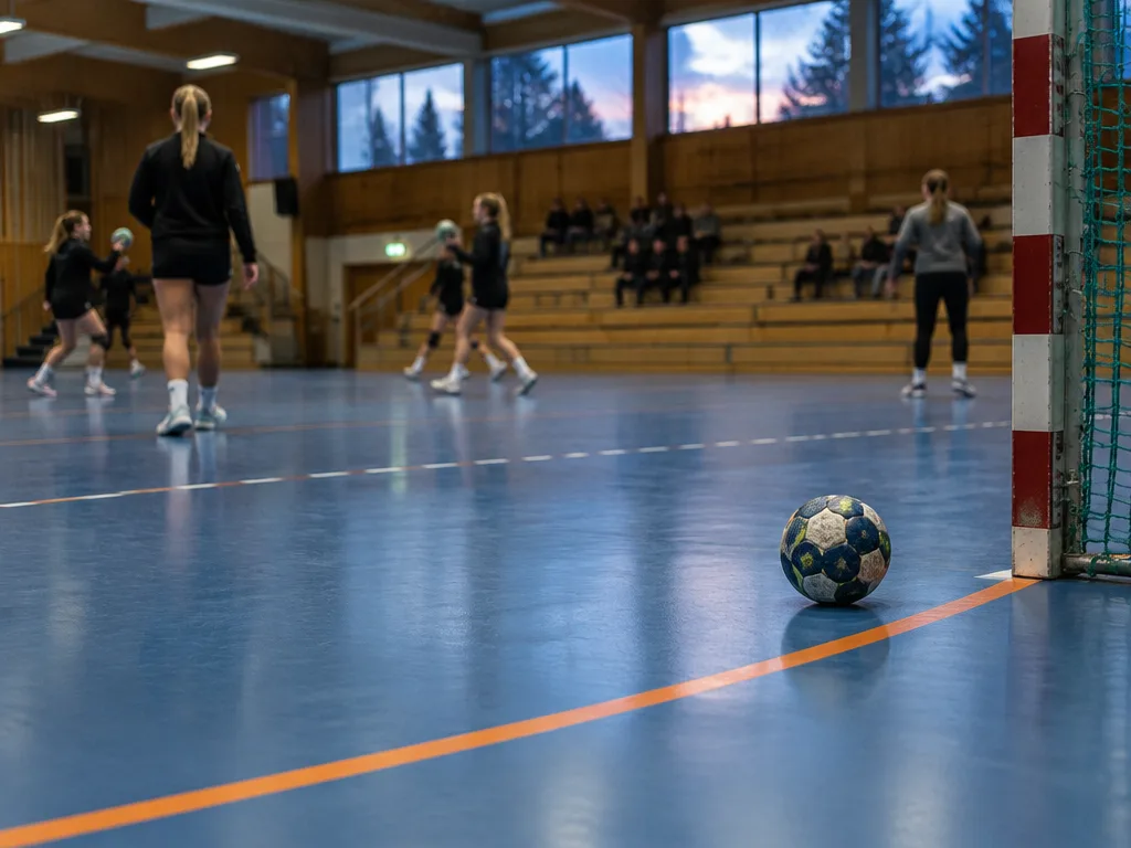 Handbollshall med blått golv och läktare i trä i kvällsljus, spelare värmer upp och en boll ligger vid målgårdslinjen