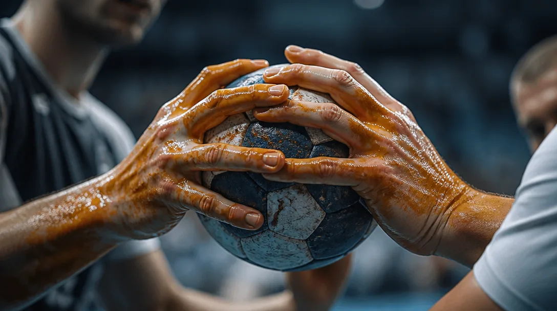 Närbild på handbollsspelares händer täckta av harts som greppar en boll