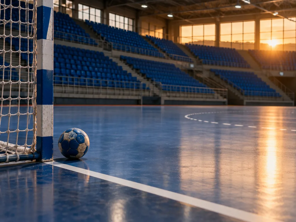 Tom inomhushall för handboll med blå läktare och en boll vid mållinjen i kvällsljus