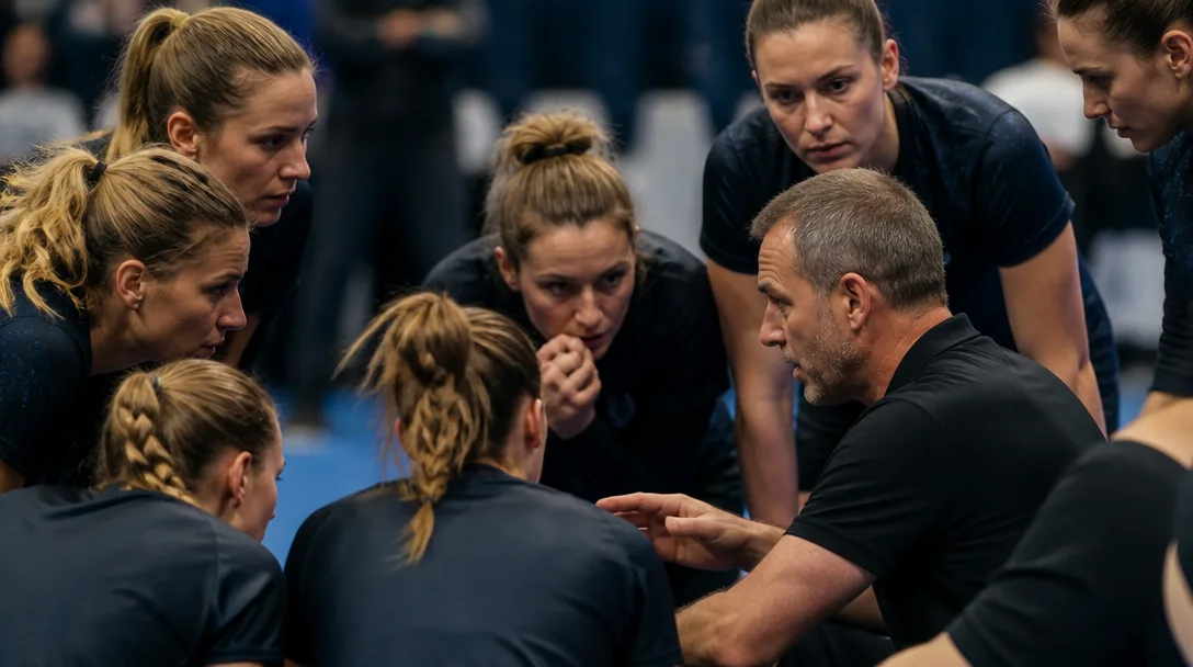 Damlag i handboll samlade i en ring på planen under en timeout medan tränaren instruerar