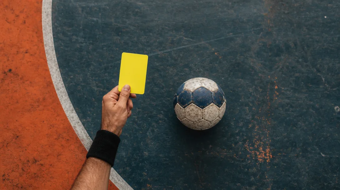 Domare håller upp ett gult kort bredvid en handboll på planens golv, sett uppifrån