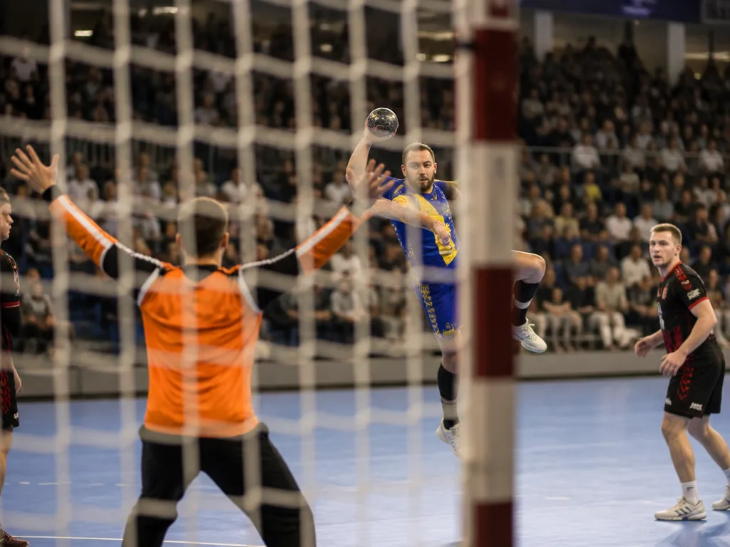 Handbollsspelare i blågul tröja hoppar upp för skott mot en målvakt i orange, med fullsatt läktare i bakgrunden
