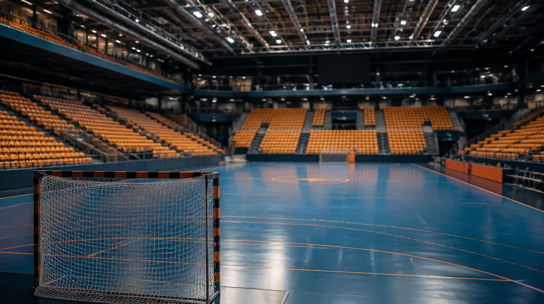 Tom handbollshall med blått golv och orange linjer strax före matchstart