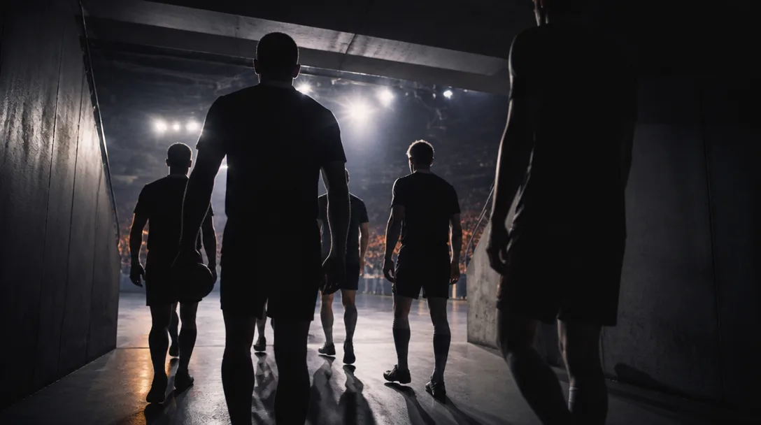 Handbollslag går ut genom spelartunneln mot en stor upplyst arena, i motljus