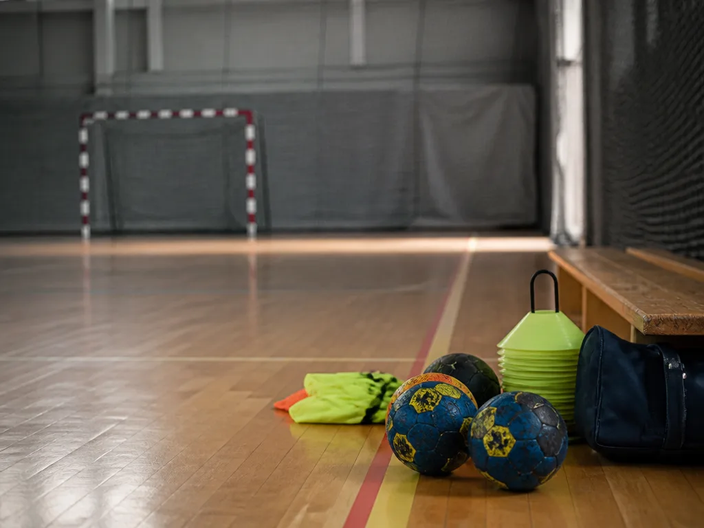 Tom inomhushall för handboll med ungdomsutrustning och bollar i sargkanten