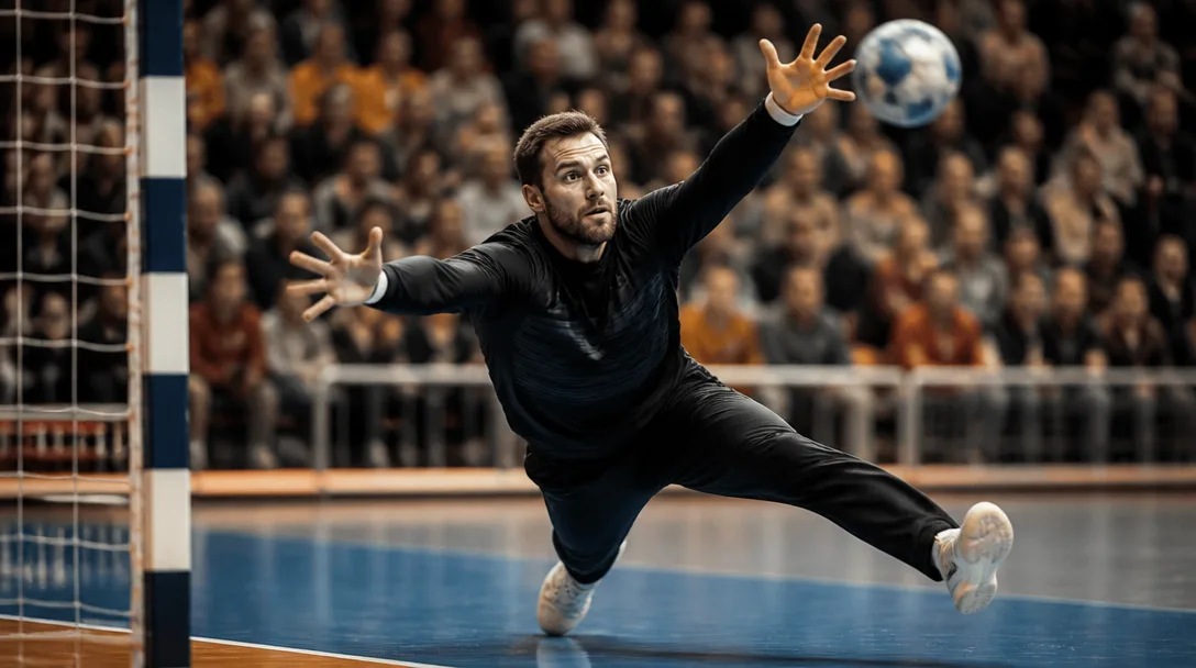 Målvakt i mörkt ställ sträcker sig efter bollen i en upplyst handbollshall
