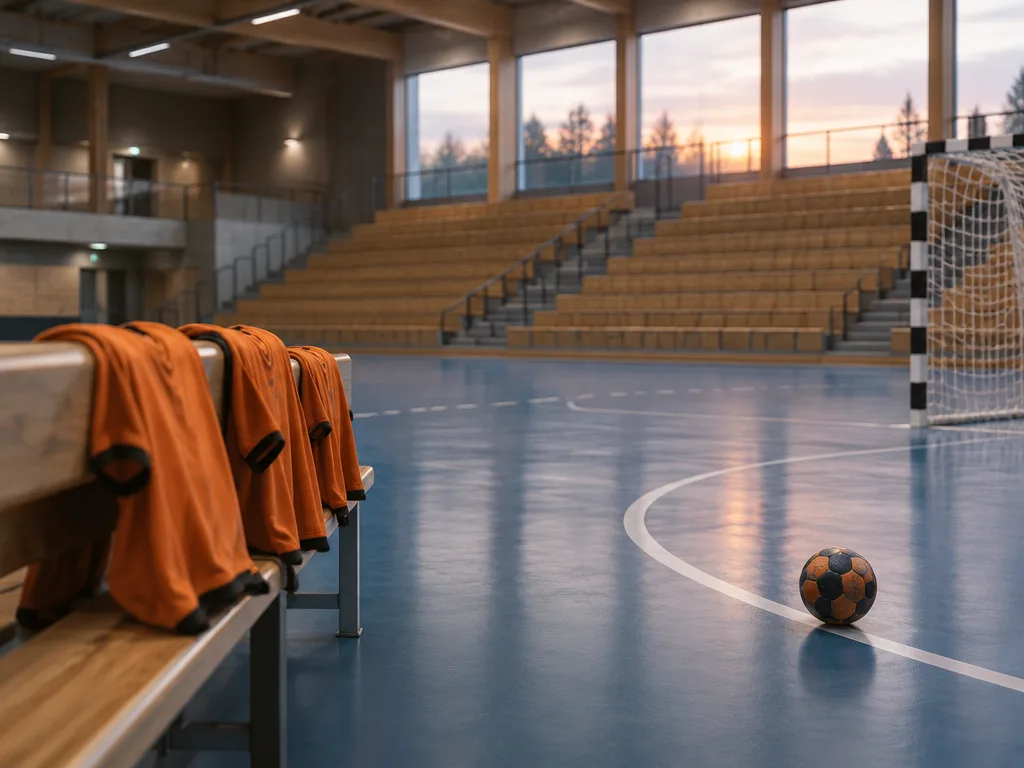 Handbollshall med blått golv och trästolar i kvällsljus, orangea matchtröjor på en bänk och en boll vid målgårdslinjen