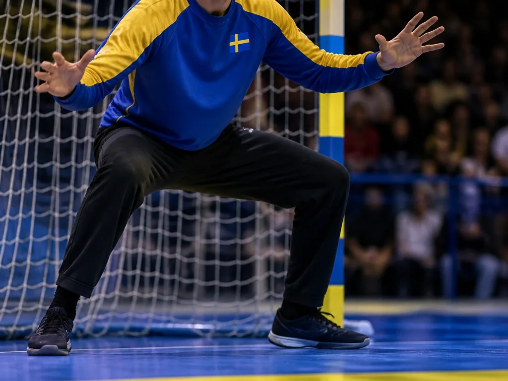 Handbollsmålvakt i svensk landslagströja i beredskapsposition framför målet