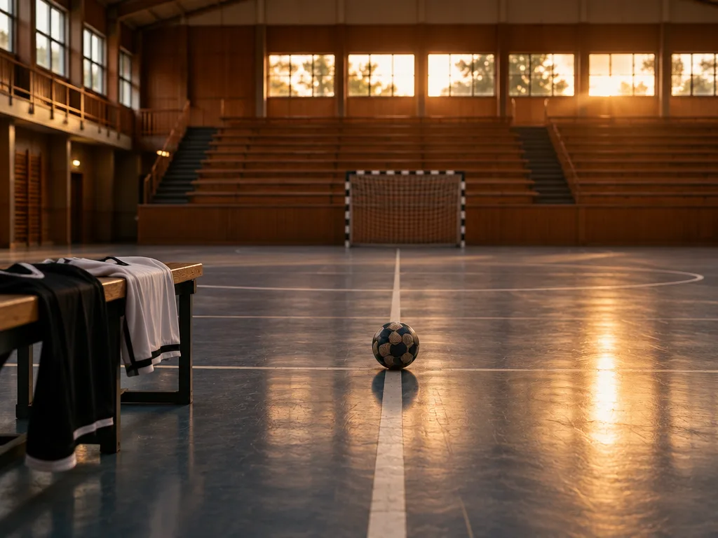 Tom handbollshall med träläktare, svartvita matchtröjor på en bänk och en boll på mittlinjen i kvällsljus
