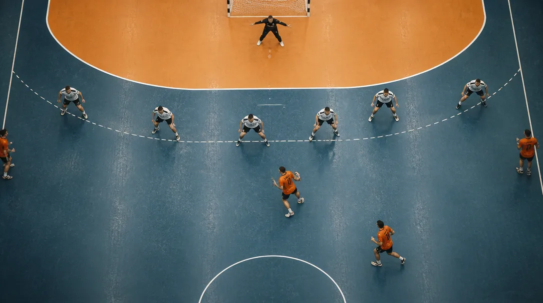 Taktisk vy uppifrån av en handbollsplan med spelare uppställda i ett 6–0-försvar