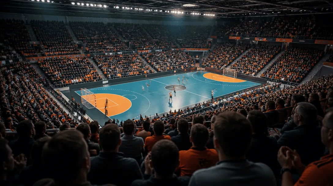 Stor europeisk handbollsarena sedd från övre läktaren med planen upplyst