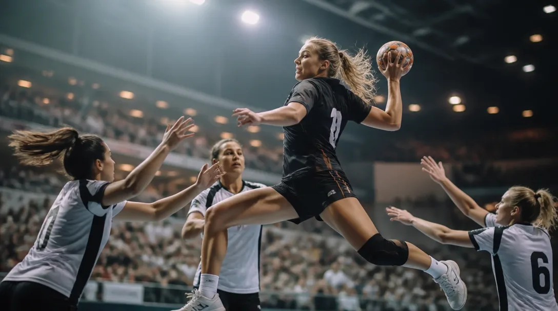 Handbollsspelare hoppar upp för ett skott över försvaret under arenans strålkastare