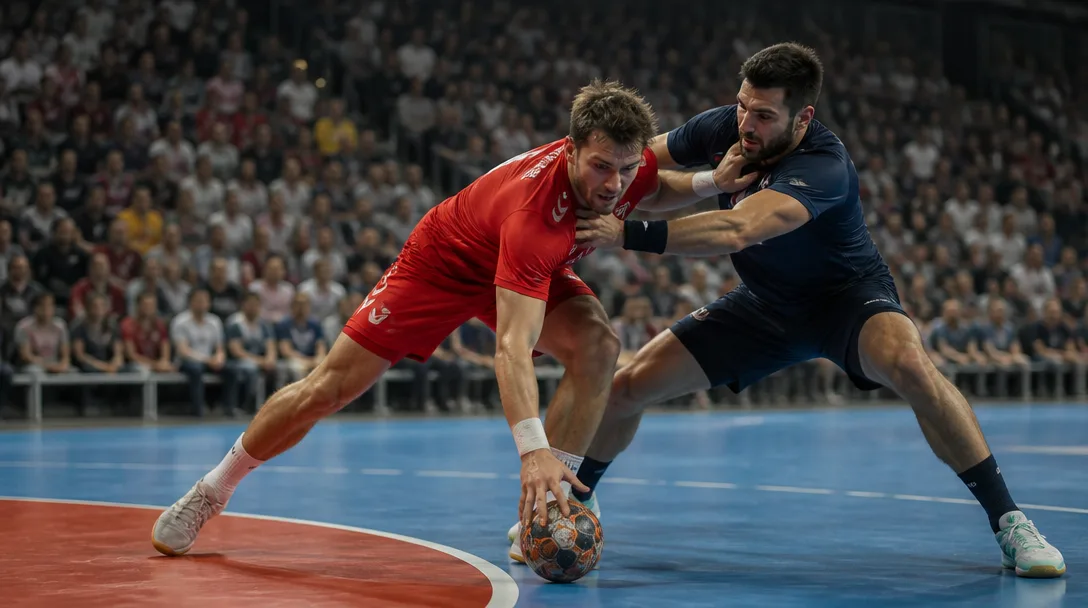 Två handbollsspelare kämpar om bollen vid sexmeterslinjen inför fullsatt läktare