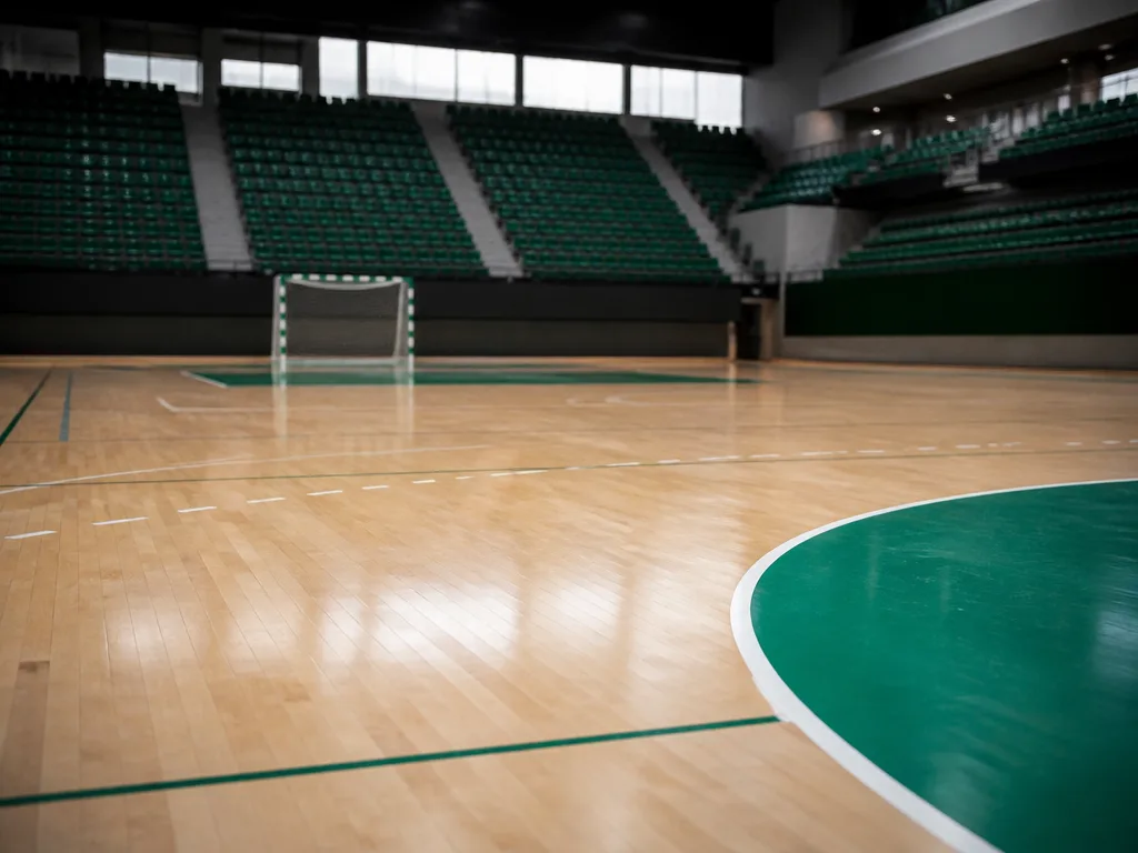 Tom inomhushall för handboll med grönmarkerade linjer på golvet