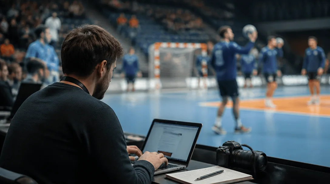 Sportjournalist vid pressbordet i en handbollshall under uppvärmningen